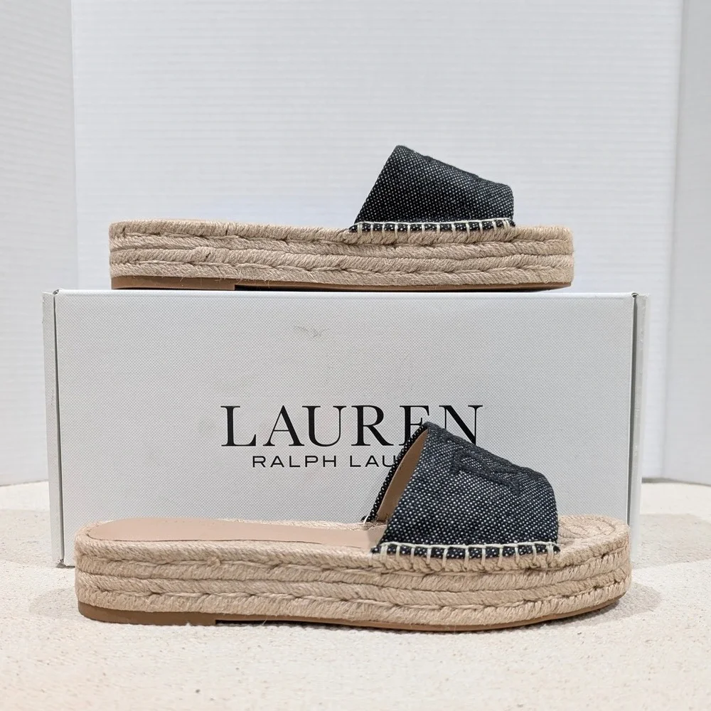 Lauren Ralph Lauren Polly Logo 2 Espadrille Slide Sandals‎ Natural Black 7B NIB